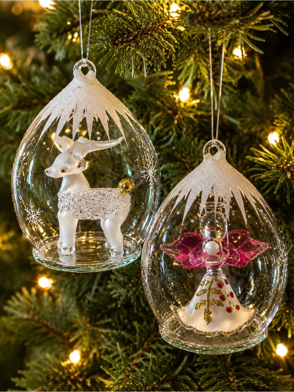Glass Teardrop Angel & Reindeer Christmas Ornaments Pair‎ Hand Painted